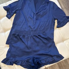 WOMENS RUFFLED 2 PC SHORT SLEEVE AND SHORTS NAVY BLUE PAJAMAS SIZE MEDIUM