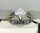 Silver Masquerade Mask Mardi Gras Silver Metal Crystals Halloween Costume 3D