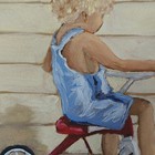 Original Oil Painting Child Riding Tricycle 8in Round Canvas Panel Figurative — photo 3