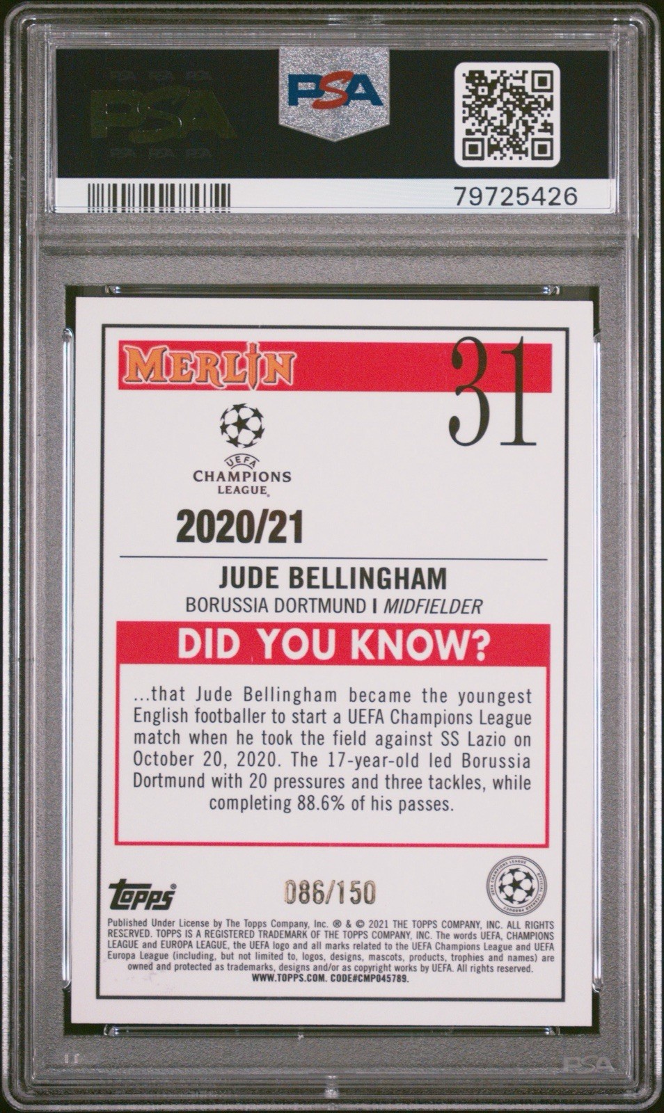 Jude Bellingham RookieTopps 2020-21 Merlin Chrome UCL #31 Speckle /150 RC PSA 10 view 2