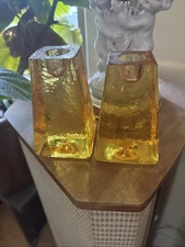 Vtg FIRE And LIGHT Citrus Candle Holders Recycled Studio Art Glass Signed RARE