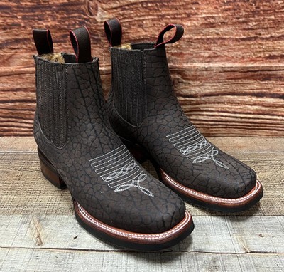 Genuine Bull Shoulder Leather Ankle Square Toe Rubber Sole Western Boots - Brown