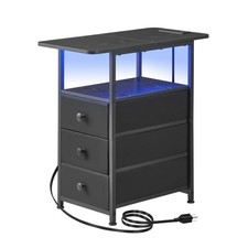 Narrow End Table with Charging Station, Narrow Side Table with 3 Fabric Drawe...