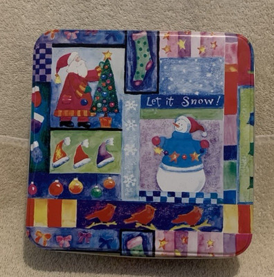 Square LET IT SNOW! CHRISTMAS PATCHWORK Tin Box 7.5x7.5x3 - GUC