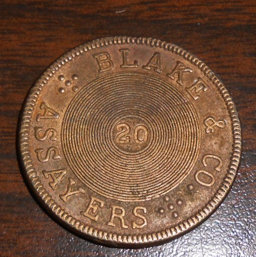 BLAKE & CO. ASSAYERS 1855 20 DOLLAR GOLD COIN CALIFORNIA SAC