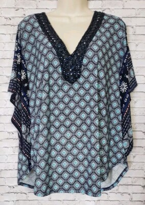 Lavish Womens Large Sapphire Blue Beaded Tunic Top Bohemian 
