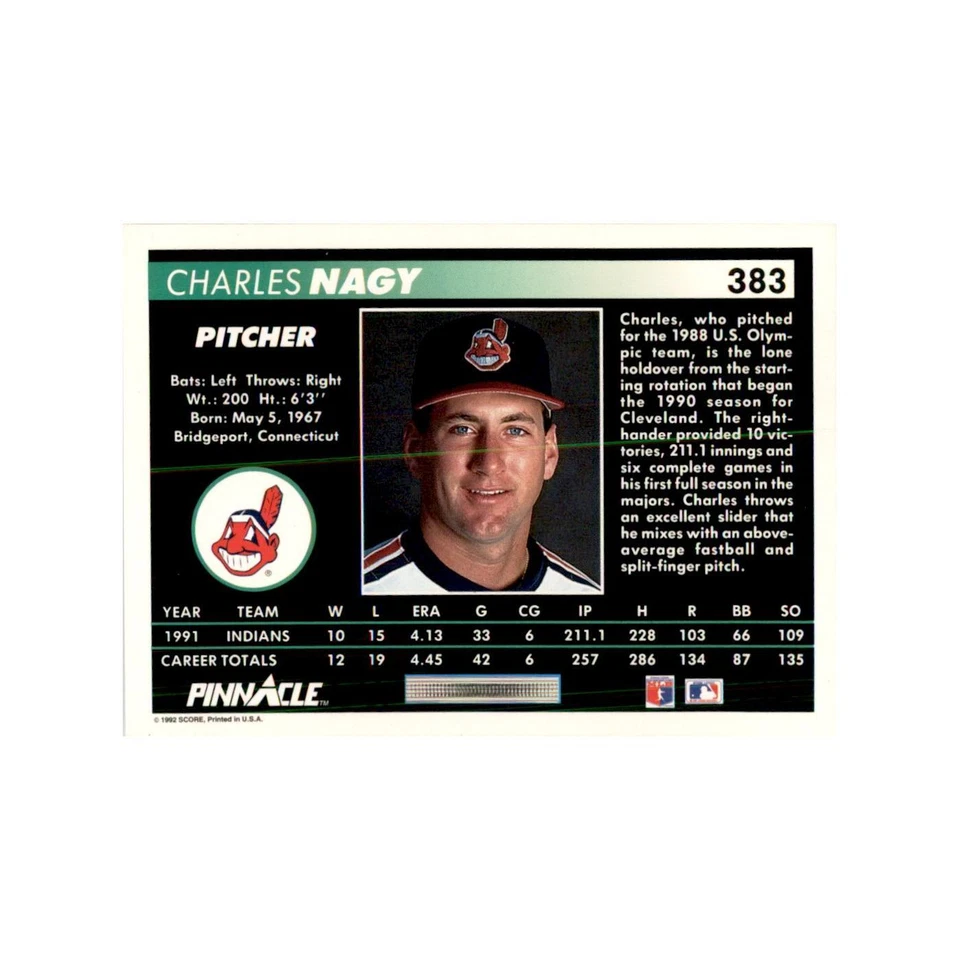 1992 Pinnacle Charles Nagy Baseball Cards #383 - Image 2 of 3