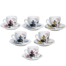 Porcelain Espresso Cups and Saucers, Vespa Scene Design, 3 Oz, Set of 6