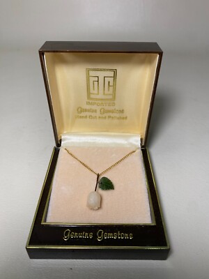 Vintage Genuine Jade Leaf w Light Pink Coral Tulip Pendant & Gold Filled Chain