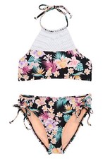 Hobie Girls L121805 Floral Island Hopping Crochet High Neck Bra Swim Set Size 14