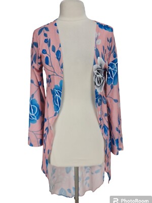 TICKLED TEAL Women Open Front Knit Cardigan Size S Pink Floral Long SLV  181P