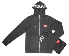HUGO BOSS MEN HOODED TRACKSUIT SET  PURE BLACK WITH WHITE HUGO LOGO PRINT