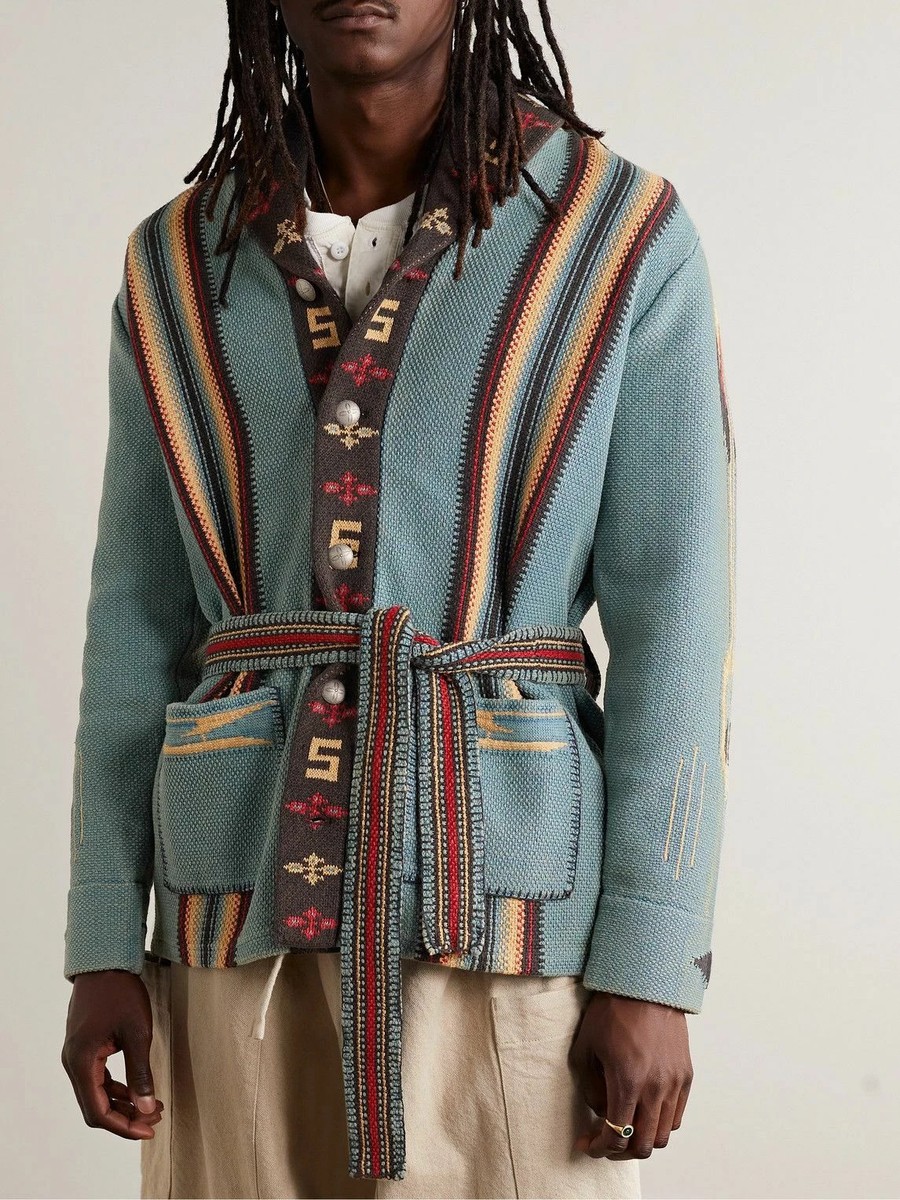 RRL Ralph Lauren Blue Southwestern Brown Ranch Belted Cardigan Men