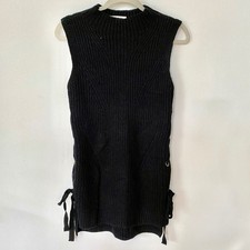 Monteau Black Sleeveless Ribbed Sweater Mini Dress Side Grommet Tie-Lace Up S