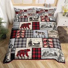 Rustic Cabin Duvet Cover Queen Woodland Wolf Deer Bear Bedding Set For Kids A...