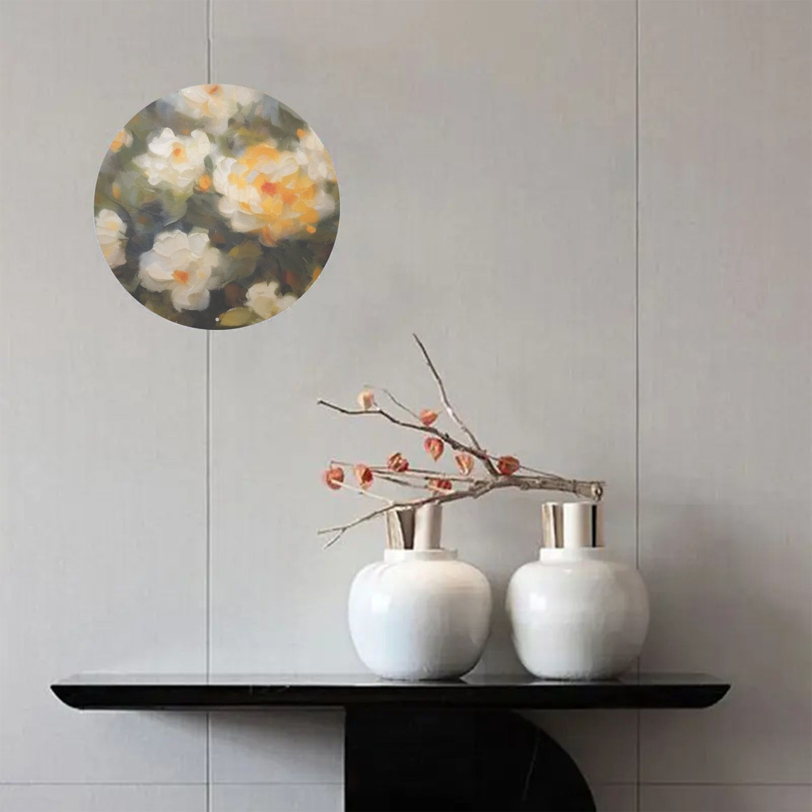 Vintage Floral White Yellow Flowers Landscape Round Metal Art