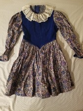 vtg 80s 90s girls dress 10 blue velvet floral lace long sleeves