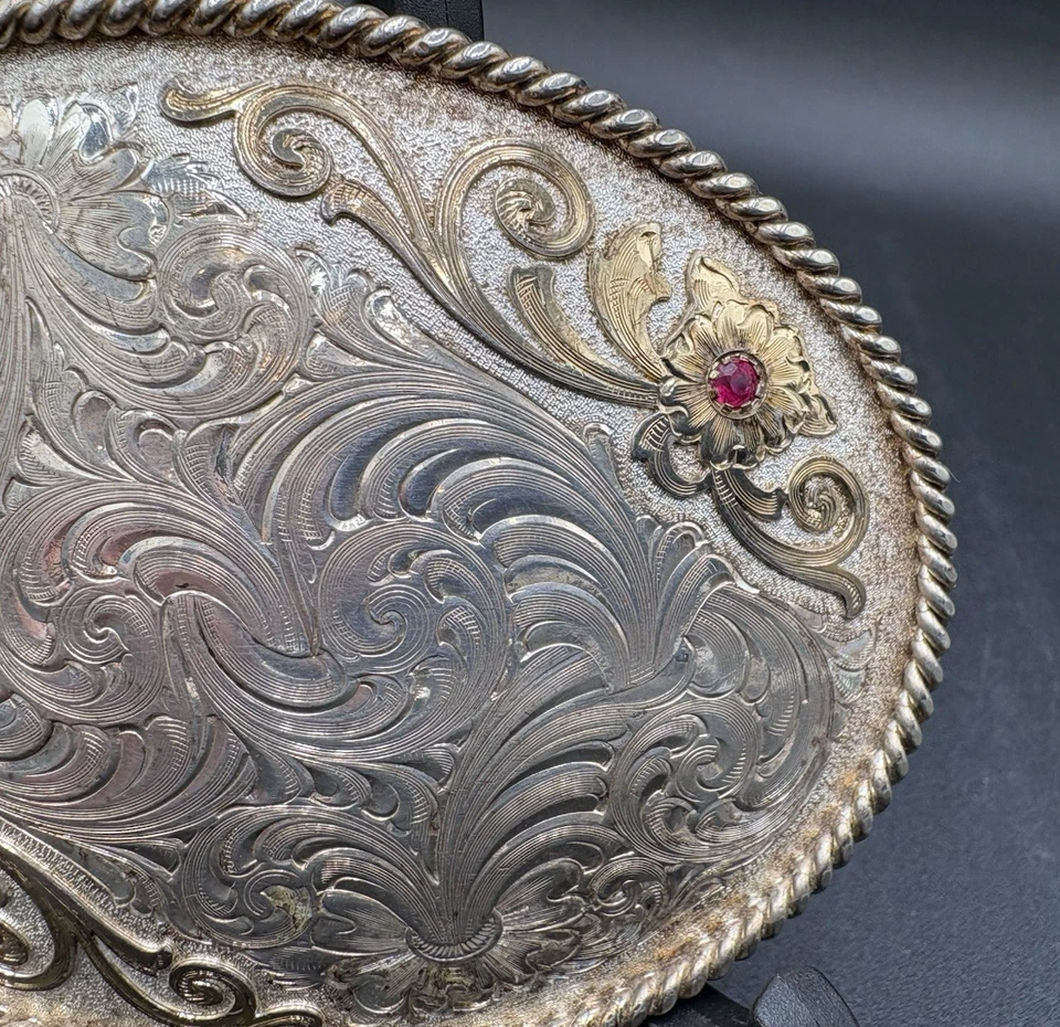 Vtg  MONTANA SILVERSMITHS Belt Buckle Ruby's SILVER PLATE Engraved Floral Cowboy - Image 3 of 4