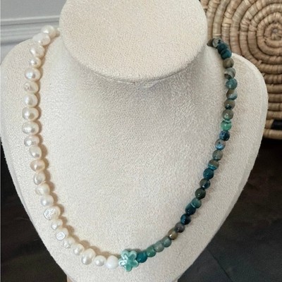 Second Bloom Studio Pearl Agate Ceramic Necklace 19.25'' Teal Brown Gold Coastal