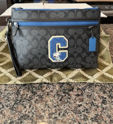 COACH  x Peanuts Snoopy Blue C Signature Leather Large Carryall Wristlet NWT