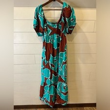 Nine West Elegant Teal and Brown Crepe Floral Dress- size Medium