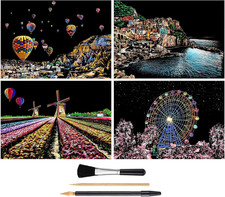 4-Sheet Rainbow Scratch Art Set for Adults  Teens, A4 Scenic Designs