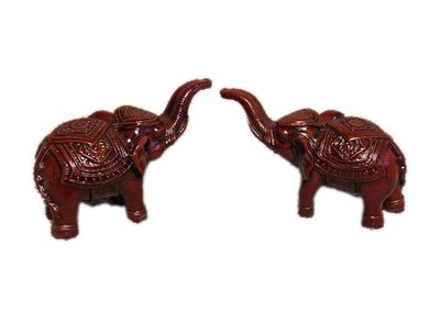 2 x Vintage Pair Red Elephants Statue Hand Sculpted Resin Home Dekor W/ Box
