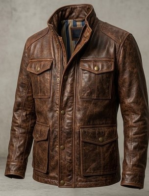 Men Brown Sheepskin Leather Jacket Vintage Moto Field Coat Wax Distressed jacket