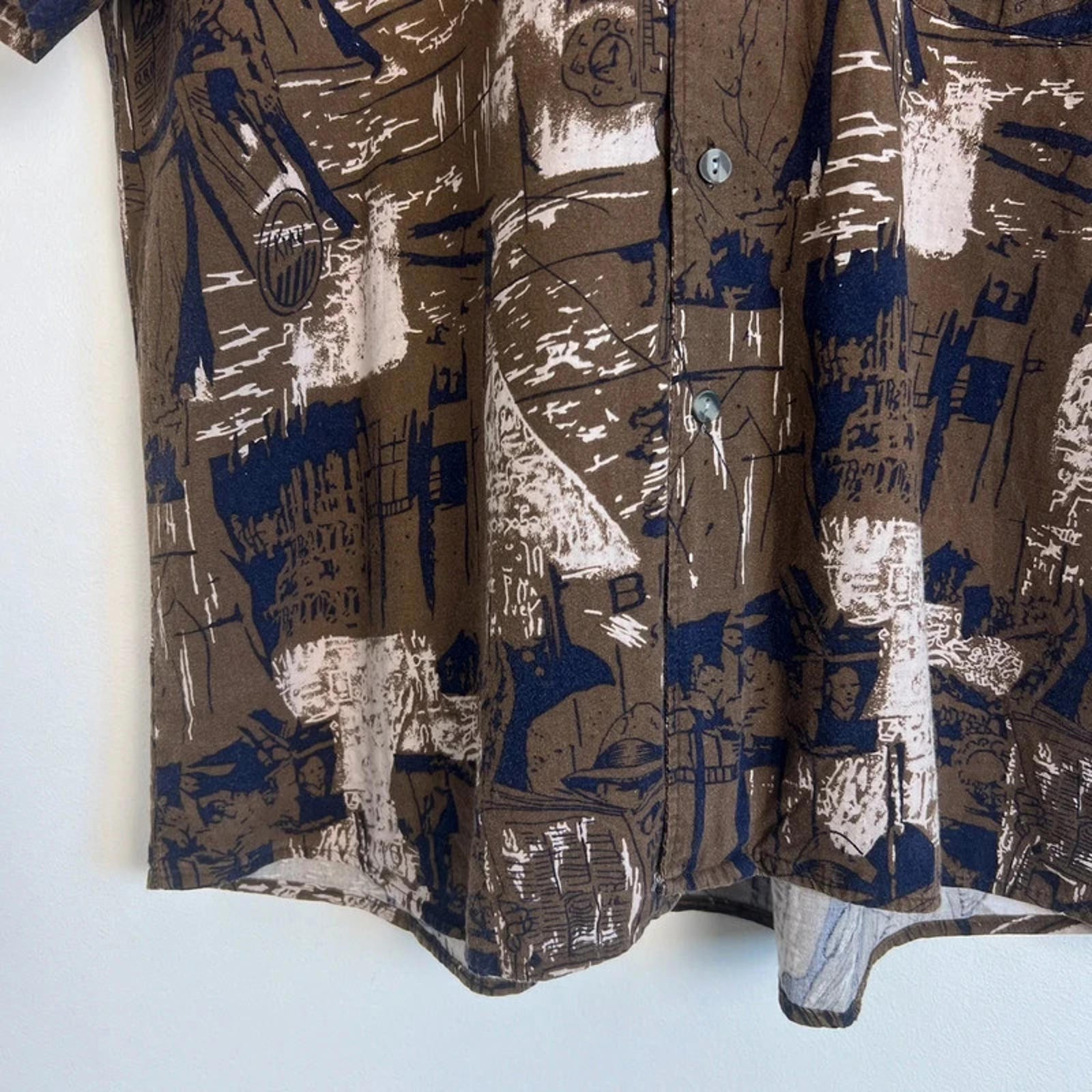 Retro patterned brown multicolour short sleeve bu… - image 6