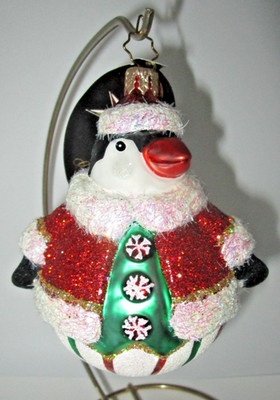 Radko PENNY ROLL Penguin Roly Poly Peppermint Candy Tie Christmas Ornament NWT