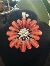 Vintage Large Flower Pendant Orange Petals Rhinestones Center Magnetic Bail