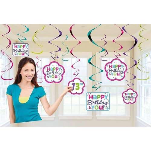 Happy Birthday Customizable Age Hanging Swirl Party Decorations 12 Pieces  NEW