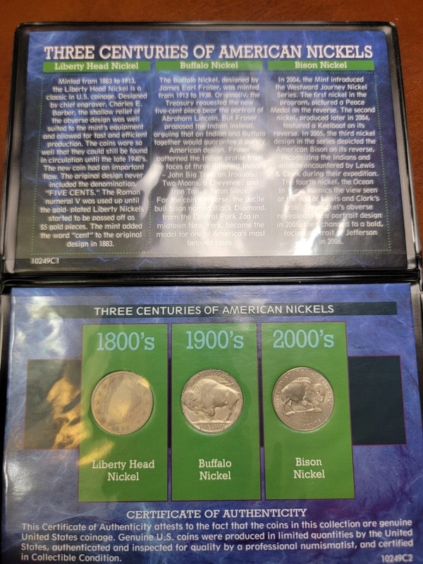 Three Centuries Of American Nickels 1892 Liberty, 1936 Buffalo, 2005 Bison...