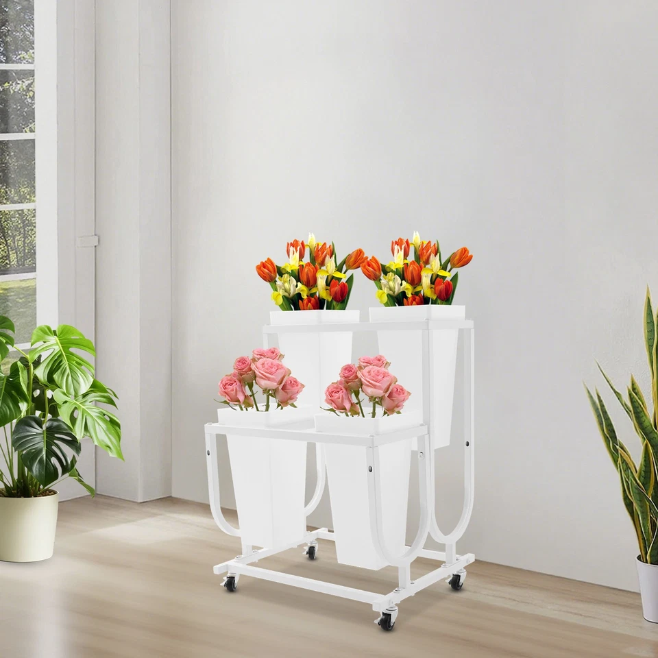 Soporte de exhibición de flores de metal, soporte para plantas con ruedas y cucharones, móvil Foto 3 de 4
