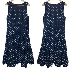 Luca Vanucci Linen Polka Dot A-Line Midi Dress Sleeveless Navy size Small
