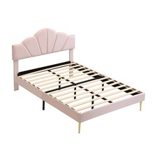 Upholstered Platform Bed 4ft6 Double Bed Frame with Headboard Velvet Fabric Pink