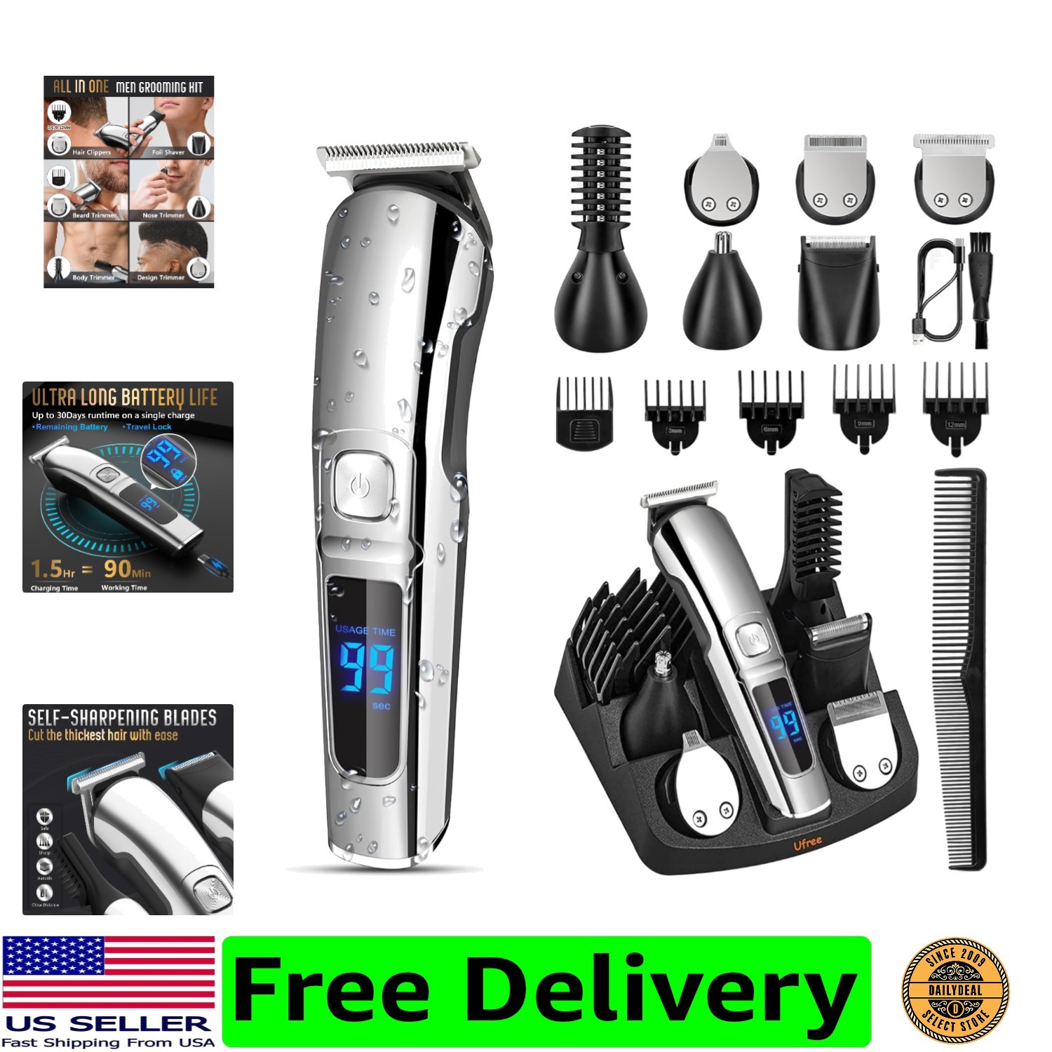 Multi-Functional Waterproof Trimmer Set with LED Display - For All Grooming