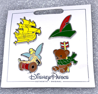 New 4 Disney Pin Set/Booster Peter Pan Tinker Bell Tink Spool Pirate Teddy Bear