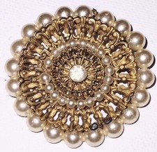 Vtg 1940s Brass Filigree Faux Pearl Round Lin Brooch West German?