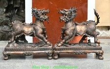 13.7'' Old Dynasty Pure Bronze Kylin Kirin Chi-Lin Kilin Qilin Statue Pair