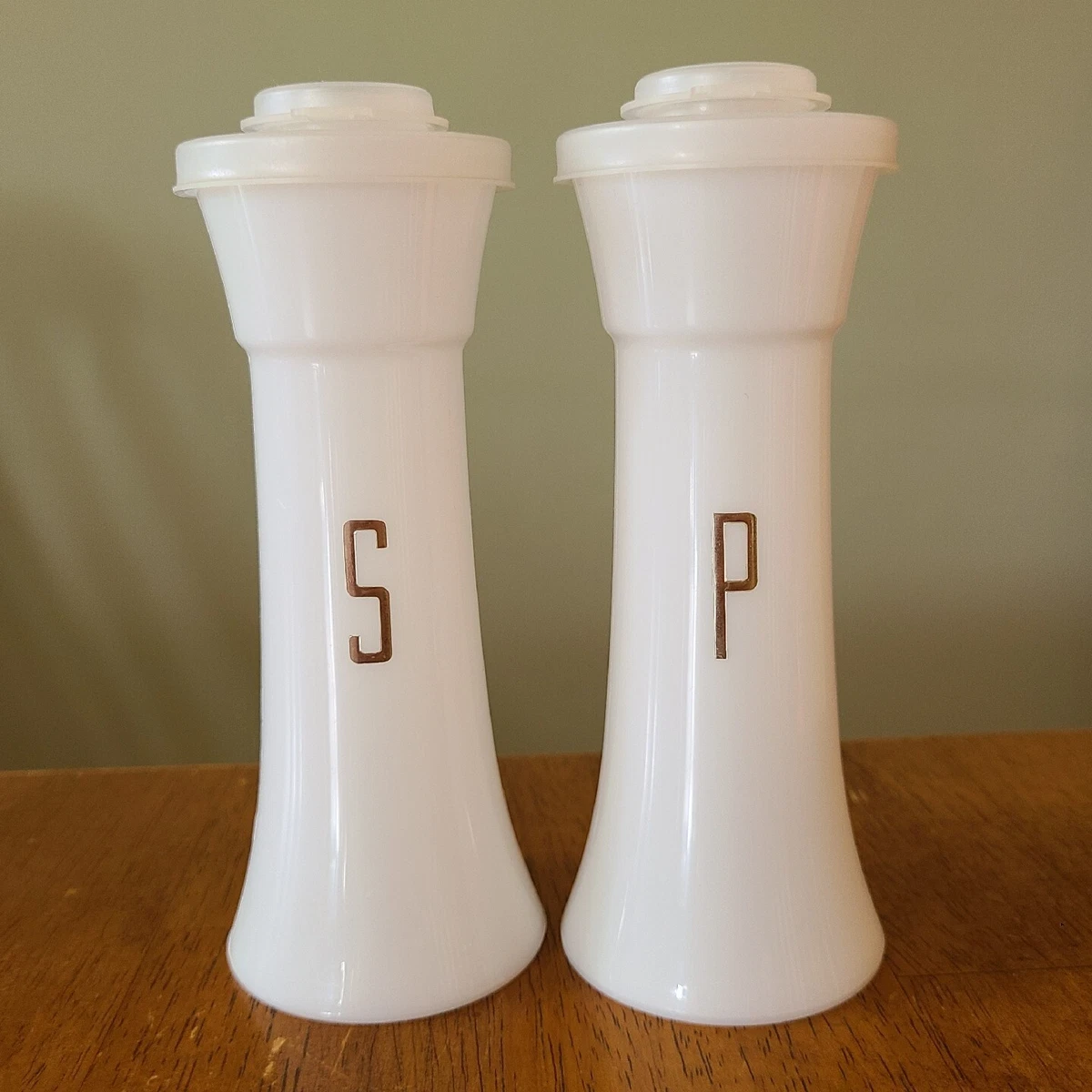 Vintage Tupperware Salt And Pepper Shakers 6.25 Inches Tall With Gold Letters