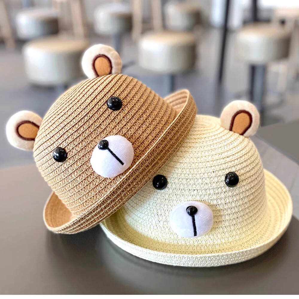 Baby Girl Boy Summer Bear Straw Hat with Ears Toddler Kids Pool Beach Sun  Hats