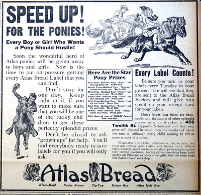 1915 Milwaukee Newspaper Page - Vintage Atlas Bread Ad, Speed Up For The Ponies!