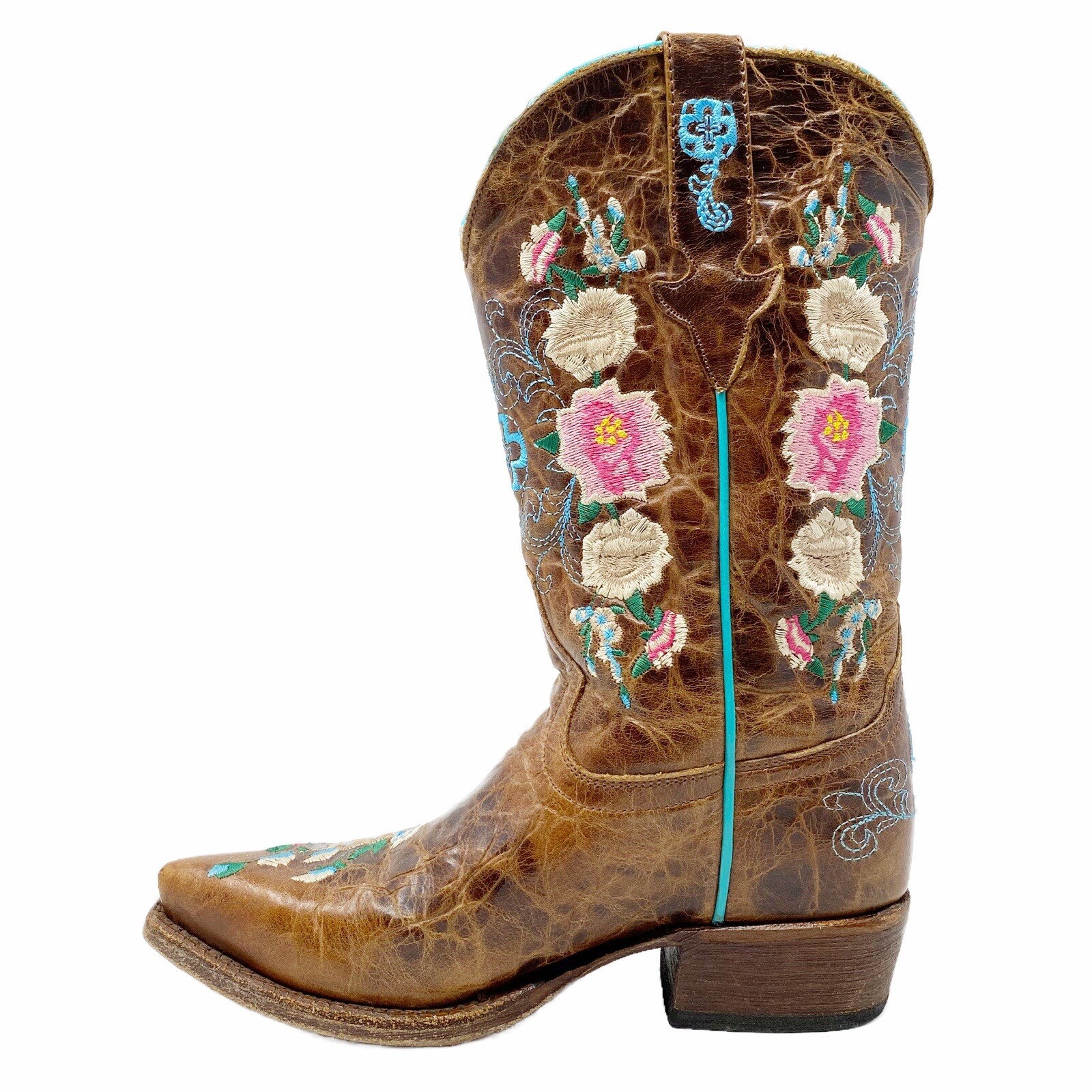 Macie Bean Rose Garden Brown Leather Boots Floral Pointed Toe Cowgirl