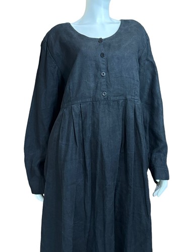 Vintage FLAX Linen Dress Size Large Long Heavy Black Pullover Box Pleated Maxi L - Picture 4 of 9