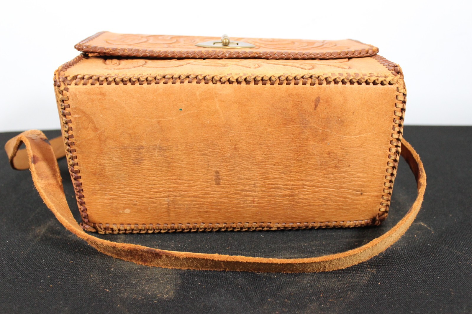 Vintage Hand Tooled Leather Purse Shoulder Strap Brown Embossed Floral