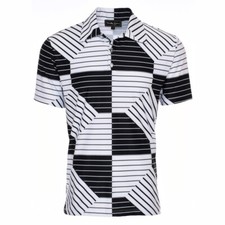 Mens Black White Striped Golf Polo Shirt Geometric Op Art - USA Made