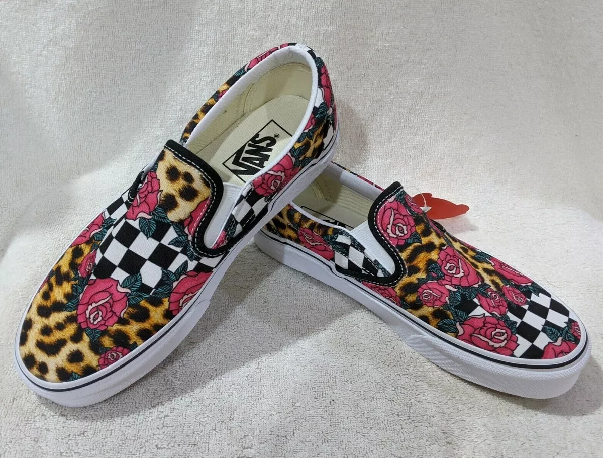 Vans Women&#039;s Classic Rose/Leopard Check Canvas Slip On Shoes-Sz 7/7.5 | eBay