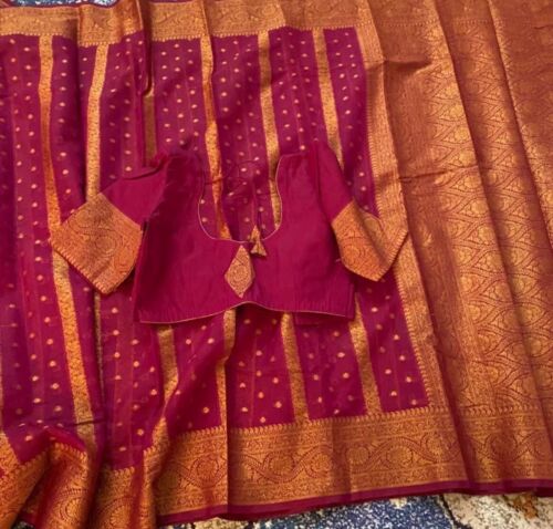 Burgundy banaras Copper Zari Sari Blouse & Fall Stitched Size34-40-USA Sell - Picture 1 of 1