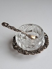 Antike kleine Kaviar/Zucker Dose Kristall mit Löffel. Alles 835 Silber! Rar 
